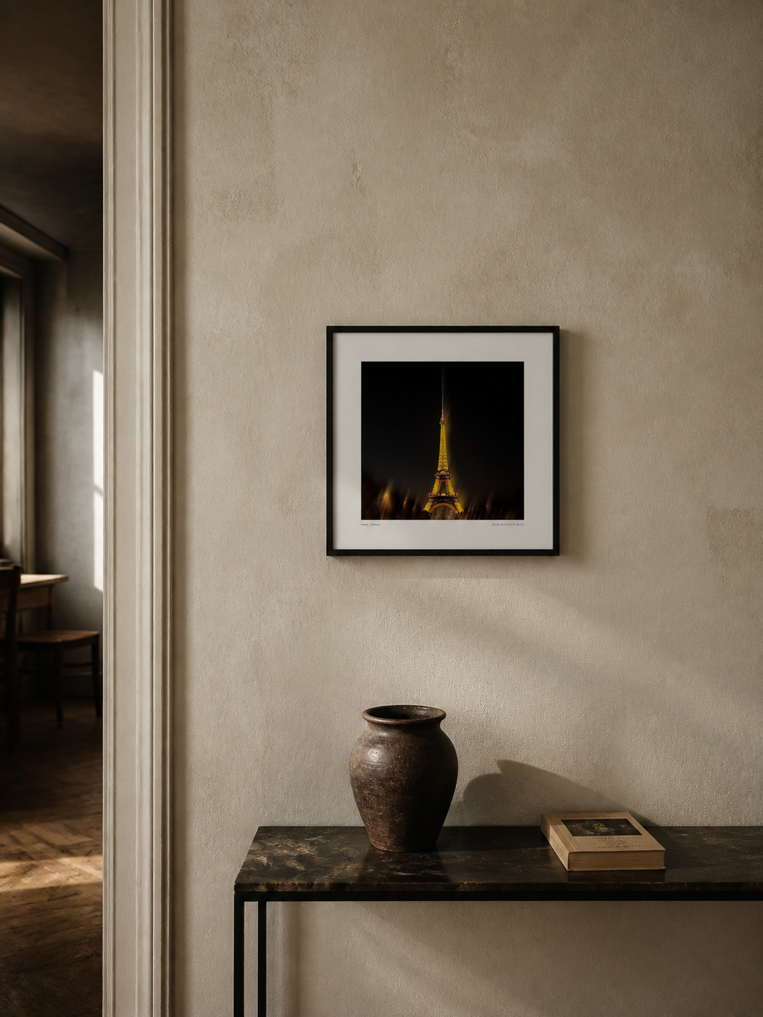 324 Metres, Small Square 30x30cm, framed print above a console for scale