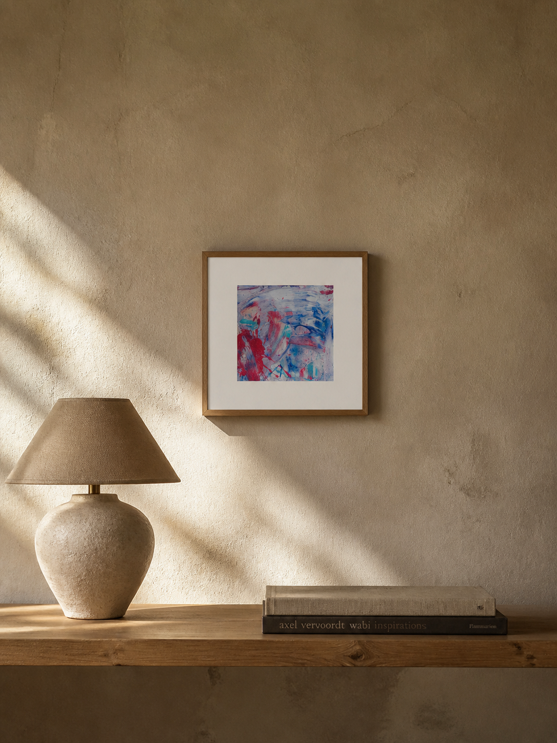 Symbiotic Relationship II, Small Square 30x30cm, framed print above a shelf for scale