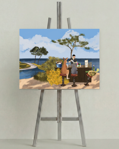 Sea You On The Next Wave by Aanya Kaur Benipal, open edition print on an easel